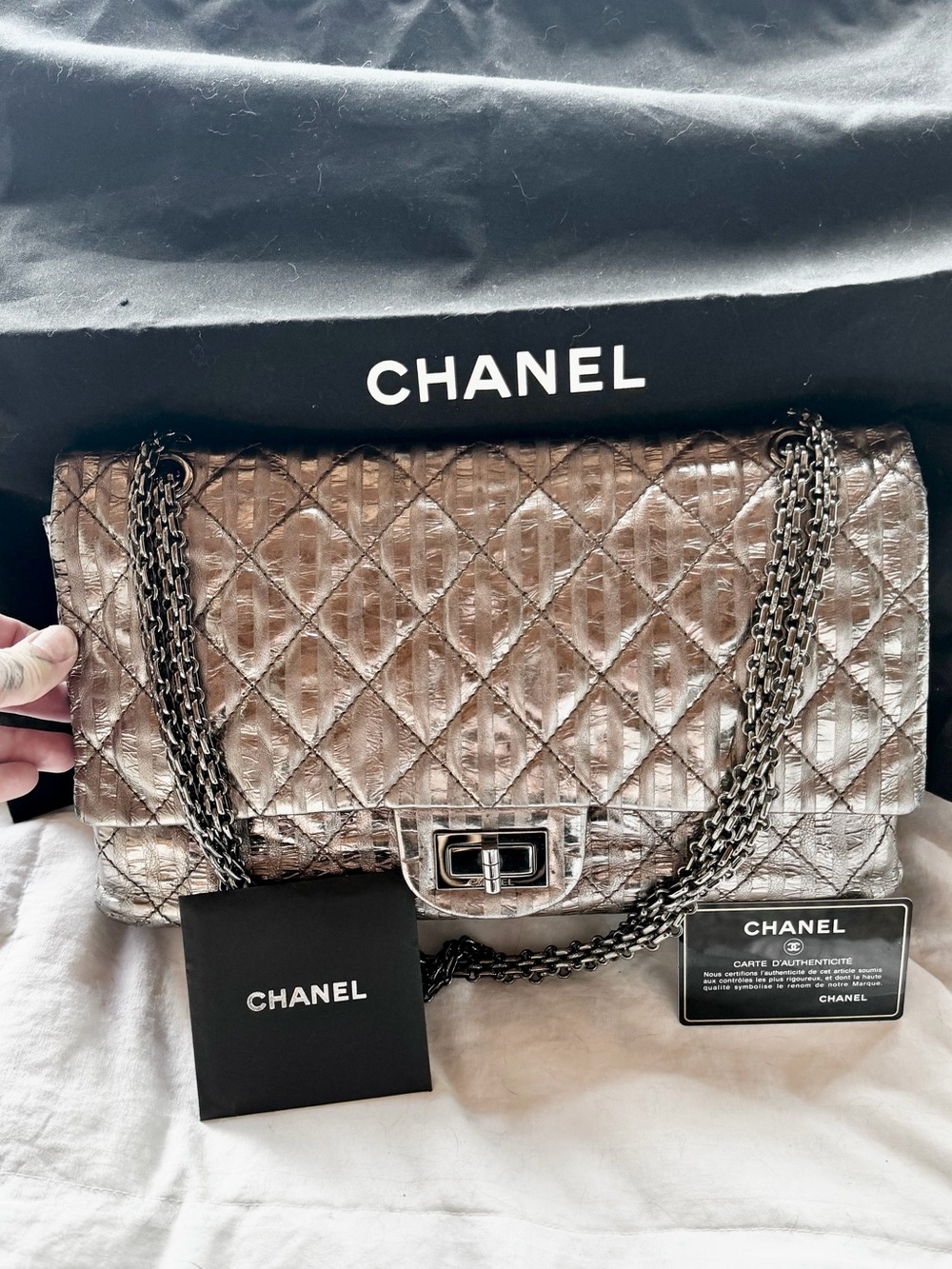 CHANEL 2.55 Reissue Double Flap - Quilted Metallic Shoulder Bag - Silver Tone